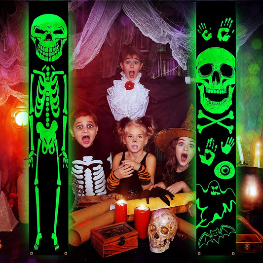 Halloween Decorations, Halloween Porch Banners Luminous Ghost Skeleton Hanging Flags Door Sign for Halloween Indoor Outdoor Porch Decor